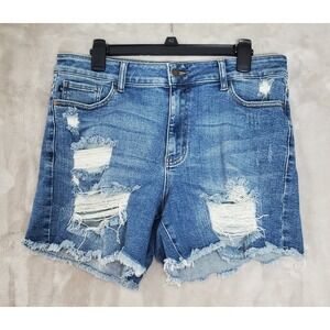 Judy Blue Jean Shorts Womens Size 1XL Distressed Blue Denim Stretch Raw Hem